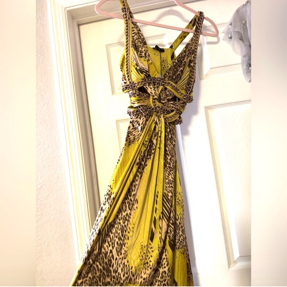 Sky leopard gown with chain details side cut outs in chartreuse Sz S